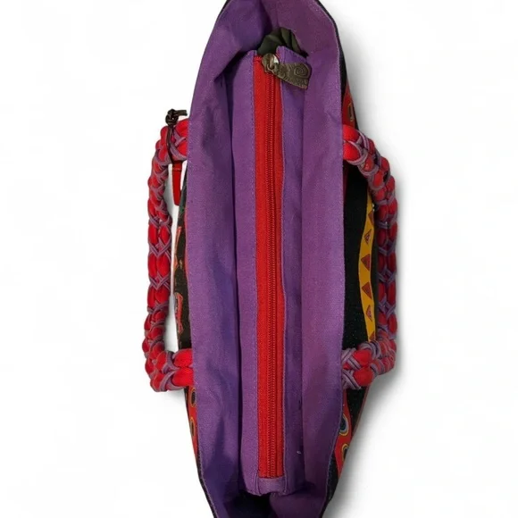 VTG Laurel Burch Colorful Cats Tote Bag Braided Strap Zip Canvas Purse Art Print - Picture 3 of 8